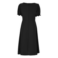 Дамски рокли женски солидна елегантна линия midi рокля квадратна шия с къс ръкав дълги рокли за жени черни xl
