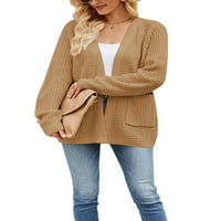 Жени плетени жилетка с дълъг ръкав отворен пуловер за ежедневни якета отпред с джобове с джобове