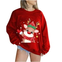 Жени коледни върхове Санта отпечатан пуловер свободен плюс размер тениска блуза с дълъг ръкав кръгла шия коледни върхове виното xl