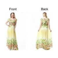 Плюс размери рокли с къс ръкав флорална лятна рокля Жълта светъл зелен шифон w подплата