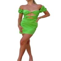 Жени Лятна рокля на тялото, извън рамото изрязване плисирани гърди с къс ръкав Една твърда цветна пола дреха