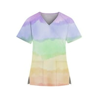 Hanas Women's Top Fashion Summer Women's Fashion V-Neck Stripe Color Съответстващ отпечатано работно облекло с къс ръкав с джобове върхове Защитни дрехи светло лилаво xxl