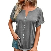 Usmixi дамски върхове плюс бутон за размер надолу дишащи ризи на туника лято ежедневно късо ръкав V-образен блуза сиво L