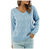 Дамски v шия сърце изрязване ежедневно пуловер плетен пуловер свободен есен зима дълъг ръкав лек удобен пуловер джъмпер върхове светло синьо s