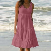 Usmixi рокли за жени плажна ваканция свободна разхлабване на люлееща се разклонение резервоар линия Sundress Scoop Neck Lealecess Solid Summer Midi Formal Ression Pink m
