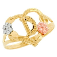 Jackani 10K многотонен златен диамант нарязана флорална буква първоначално d сърдечен пръстен