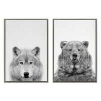 Кейт и Лоръл Силви вълк и мечка европейска рамка платно стена изкуство, определено от Саймън те от Тай щампи, сиво, модерна природа животни изкуство за стена Начало