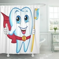 Щастлива бяла усмивка зъб, държащ четка за зъби, усмихнат зъбен анимационен филм декор за баня за баня душ завеса