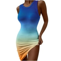 Sundresses for Women Bodycon Crew Neck Leeveles Printed Blue XXL