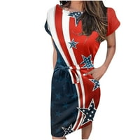 Fartey жени Деня на независимостта Sundress American Flag Print Tunic Fit Mini рокля талия вратовръзка джобове с къс ръкав рокли за врата