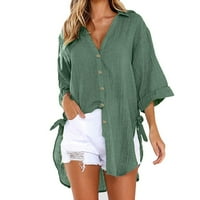 Tking fashion дамски плюс размер свободен ръкав солидни върхове лято V шия спално бельо странични ризи блуза с ботутон армия зелено l