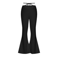 MRAT панталони за жени с пълна дължина дами модни ежедневни V-талия изрязани пъпни кръстосани каишки Твърди разпалени панталони Плажни панталони с джобове