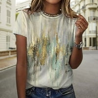 Дамски летни модни върхове облечени ежедневни суичър причинно-следствени винтидж цветен блок печат с къс ръкав кръгла тениска за врат