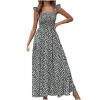 Cethrio Summer Dress- Модни рокли квадратна врата Лято отпечатани ежедневни без ръкави Ваканционен плаж дълга рокля черно