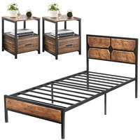 Модерен спален комплект с платформа рамка легло и нощно шкафче Кафяв комплект близнак