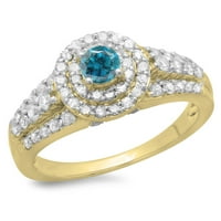 Колекция DazzlingRock 1. Карат 14K кръгло синьо и бяло диамантен булчински хало за годежен пръстен CT, жълто злато, размер 7