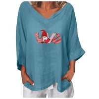 Ризи за жени жени Свети Валентин V-образно деколтет памучен джъмпер върхове Дамска тениска с тениска за жени за жени памучно синьо 3xl