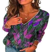 Дамски флорални отпечатани v шия блуза с дълъг ръкав небрежно разхлабени тениски върхове