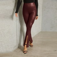 Синцингао Палацо панталони дамски ПУ-кожени Плътен цвят панталони с цепка крака и висока талия панталони панталони за жени Модерен м