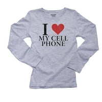 Обичайте мобилния ми телефон - с голяма сива тениска с дълъг ръкав на червено сърце