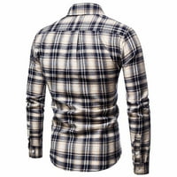 Ризи за копче за мъже плюс размер кариран печат с дълъг ръкав запушване на яка Бизнес риза от свободното време стилен плътна горна блуза khaki m