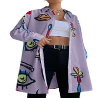 Капрез дълги ризи блуза за жени Разхлабени торбисти върхове Празник от печат на туника за печат лилаво m