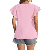 Небрежни ризи за блузи за жени, жени модни ежедневни ораени върхове на шията твърд цвят къси ръкави ризи пуловер тениски