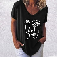 Дамски върхове облечени ежедневни модни ежедневни печат v-образно разхлабена тениска с къс ръкав отгоре блуза пуловер черен xxl