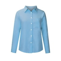 Женски бутон надолу ризи Небрежен къс ръкав Бизнес работа блуза върхове v шия светло синьо m