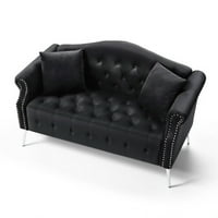 Аукфа 2-местен диван за малка стая-кадифен диван с възглавници-бутон тъфтинг-декор на ноктите-Черен