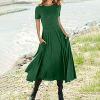 Небрежни рокли за жени със средна дължина къса ръкав мода a-line солидна кръгла деколте лятна рокля зелена m