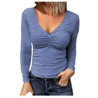 Ketyyh-chn блузи за жени отрязани отгоре оребрени тънки монтирани ежедневни върхове синьо, s