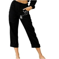 Dianli Pants for Women Fashion Fashion Cotton Linelion Dandelion Print Еластик с джобни удобни спокойни прилепнали направо на открито ярко твърди панталони панталони с висока талия черен XL