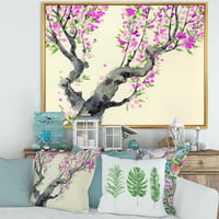 Дизайнарт 'Японското Дърво С Лилави Цветя' Традиционна Рамка Платно Стена Арт Принт