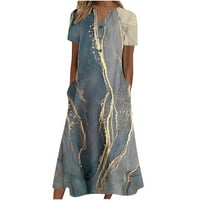 Небрежни рокли за жени с къс ръкав A-Line Дължина на глезена Разхлабена отпечатана рокля с v-образно деколте флот xl