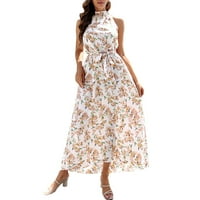 Дамски летни флорални Макси слънце рокля без ръкави оглавник врата поток разрошване подгъва Дълги Бохо рокли с колан