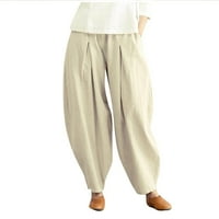 Панталони за жени ежедневни твърди панталони удобни памучни памучни панталони с широки крака еластична талия дълги панталони на открито бежов размер s