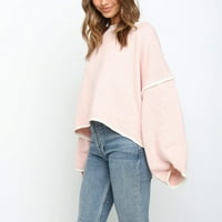 Пуловери за жени модерни плюс небрежен O-Neck с дълъг ръкав Pachwork Solid Blouse Plouse Pink Pink