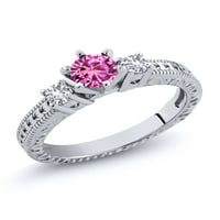 Gem Stone King 0. Ct Pink Създаден сапфир Уайт създаде сапфир стерлинги сребърен пръстен