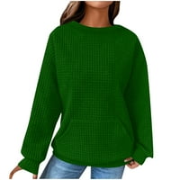 Върхове за тренировка за жени стабилно облекло Женски моден ежедневен кръгъл врат плътни цветове с дълъг ръкав суичър свободен пуловер джобна суичър отгоре тъмно зелено 3xl
