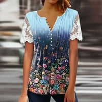 Lirclo жени V-образни флорални тениски тениски модна дантела удобни женски блузи върхове тъмносини xxl xxl