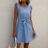 Tking fashion жени лятна небрежна бохо солиден цвят свободни рокли A-Line Ressions без ръкави O-Neck Mini рокли сини 2xl