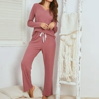 Пижами за жени мек удобен 2-парче гофрета плетен комплект твърди спокойна годни дълъг ръкав в-врата Тениски прави панталони салон комплект