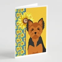 Летни слънчогледи черно и тен кученце нарязани Йоркширски териер поздравителни картички и пликове на