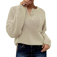 KPOPLK жени пуловер V Leat Fall Lightweight Knit Pullover пуловер бежов, xxl