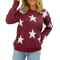 SHPWFBE Женски моден пуловер Жени пуловер с дълъг ръкав Небрежен елегантен кръгла врата звезда модел плюс размер плетен пуловер Топ дамски пуловери Fall Wine S