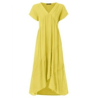 Летни рокли за жени Макси А-линия къс ръкав Мода В-деколте масивна рокля жълто 5хл