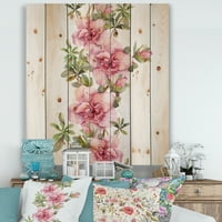 Дизайнарт букет от лилави и розови цветя върху естествена борова дървесина