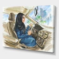 Дизайнарт 'Арабска Дама Карането На Кола' Модерно Платно Принт За Стена