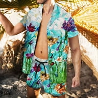 YIVETOT Мъжки хавайски комплекти Летен разрешение Мъже случайни бутон за превръщане Кардиган Превръщане на печат с къси ръкави плажни ризи и къси панталони облекло